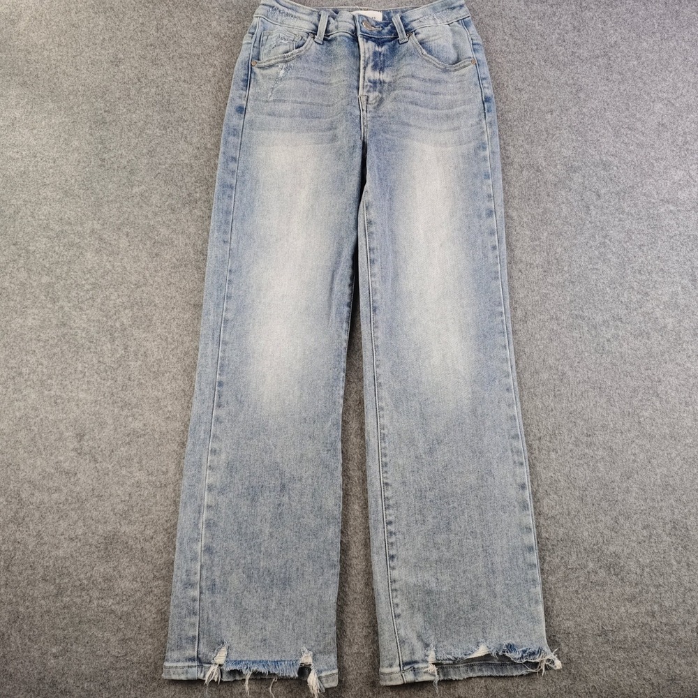 Risen High Rise Wide Leg Jeans Womens 3/26 Light Wash Blue Denim Raw Hem